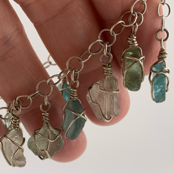 STERLING SEA GLASS BRACELET AQUA LIGHT GREEN 6.5 +1" extender 925 SILVER ARTISAN - Picture 3 of 8